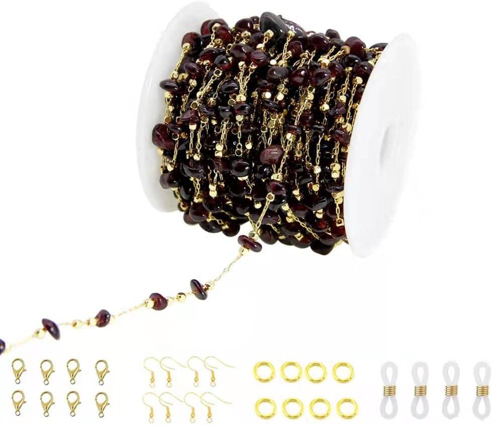 PAMIR TONG Handmade Natural Garnet Stone Beading Chain with Golden Plated Brass Findings for Bracelet Necklace Glass Mask Decoration Shoes Clothes Jewelry Making (CC59 Garnet)