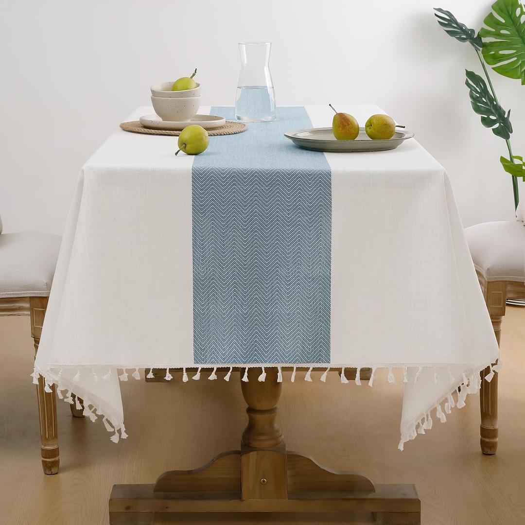 Softalker Outdoor Tablecloth Rectangle, Waterproof Linen Cotton Farmhouse Table Cloths with Tassel, Heavy Weight Wrinkle Free Boho Table Cover for Picnic Camping Dining - 55 x 70 Inch, Blue Stripe