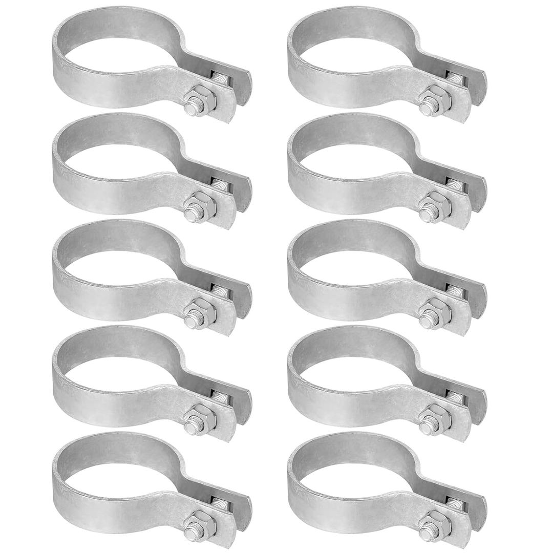 10 Pack Tension Bands for 2-3/8" Chain Link Fence Posts - Zinc-Plated Steel w/ 1-1/4" Bolts & Nuts (Commercial Grade)