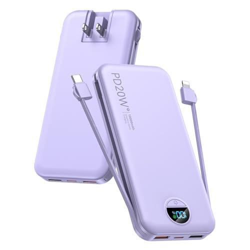Portable Charger, 10000mAh PD20W USB C Fast Charging Power Bank with Built-in Cables and AC Wall Plug, Smart LED Display Travel Essentials Battery Pack Compatible with iPhone, iPad, Samsung etc Purple