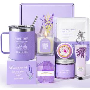 Mothers Day Gifts for Mom, 9pcs Happy Birthday Gifts for Women, Unique Birthday Relaxation Spa Gift Christmas Ideas Relaxing Lavender Set Self Care Gift Basket for Her Mom Sister Friend Teacher (Purple)