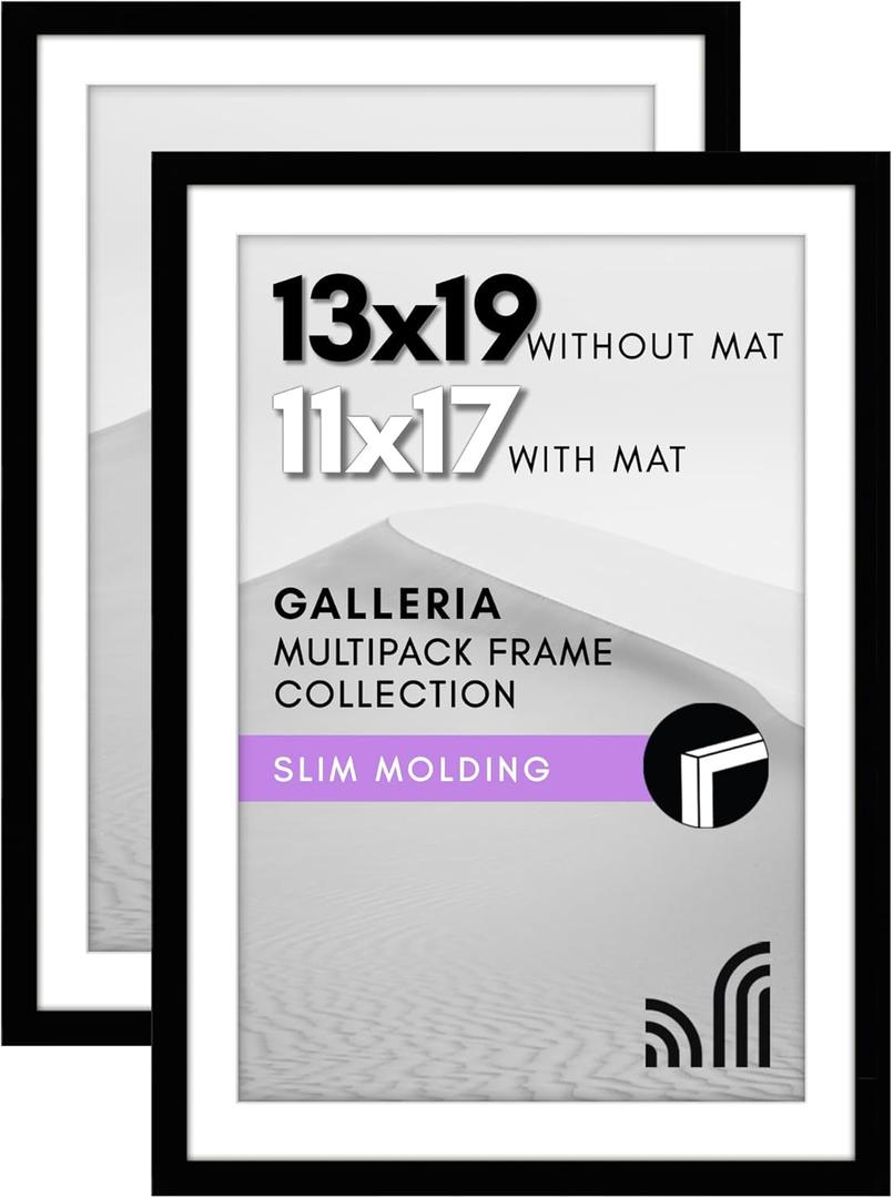 Americanflat 13x19 Picture Frame with Polished Plexiglass - Set of 2 - Use as 11x17 Frame with Mat or Display 13x19 Photo Without Mat - Galleria Collection - Picture Frames for Wall Display - Black