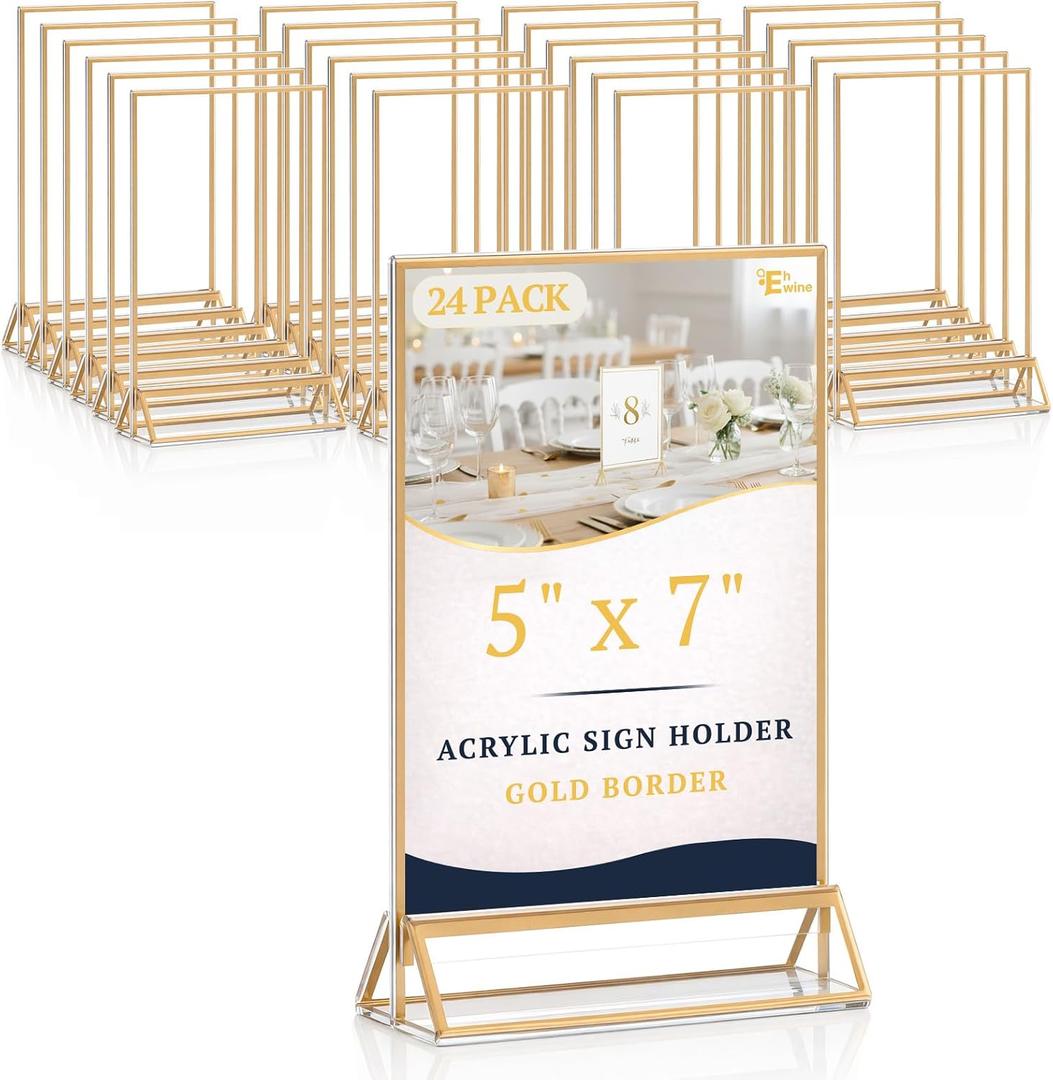 EHWINE 24 Pack Acrylic Sign Holder 5 x 7, Double Sided Gold Picture Frame Stand up Table Top Sign Holders, Clear Display Stand Menu Flyer Holder for Wedding Party