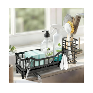 Sponge Holder for Kitchen Sink, Kitchen Sink Caddy with Long-Handled Dish Brushes Holder, 304 Rustproof Stainless Steel Countertop Organizers and Storage, Home Kitchen Sink Accessories (Black)