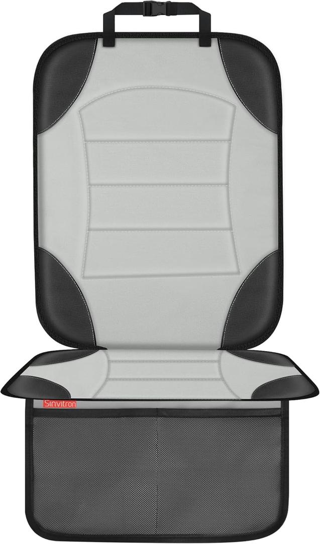 Sinvitron Car Seat Protector for Child Car Seat, Waterproof Car Seat Cover for Leather and Fabric Seats, 2 Mesh Pockets, Non-Slip Bottom, Thick Padding Cushion(1 Pack, Grey)