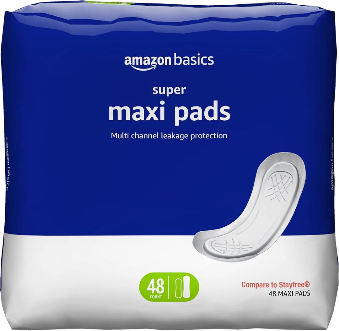 Amazon Basics Maxi Pads For Women- Thick, Super Absorbency, Unscented, 48 Count, 1 Pack