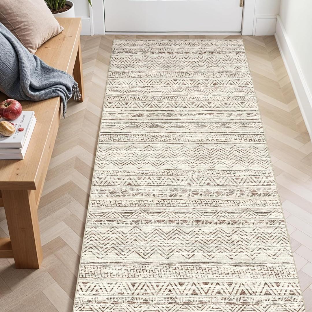 3x6 Washable Hallway Runner Rug - Moroccan Non-Slip Long Runners for Entryway Soft Modern Geometric Low-Pile Rugs for Kitchen Waterproof Neutral Carpet for Bedroom Bathroom Laundry 3x6 Beige