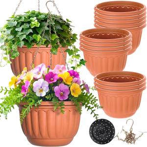 12 Sets Hanging Planters for Indoor and Outdoor Plants Self Watering Hanging Basket Flower Pots Plastic Plant Pots with Drainage Hole and Absorbing Tray(Terracotta,12 Inch), One Piece is Broken