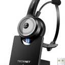 TECKNET Wireless Headset for Work, 40Hrs Worktime AI Noise Cancelling Computer Headphones with Charging Base, Bluetooth Headset with Mic & USB Dongle for PC/Laptop/Call Center