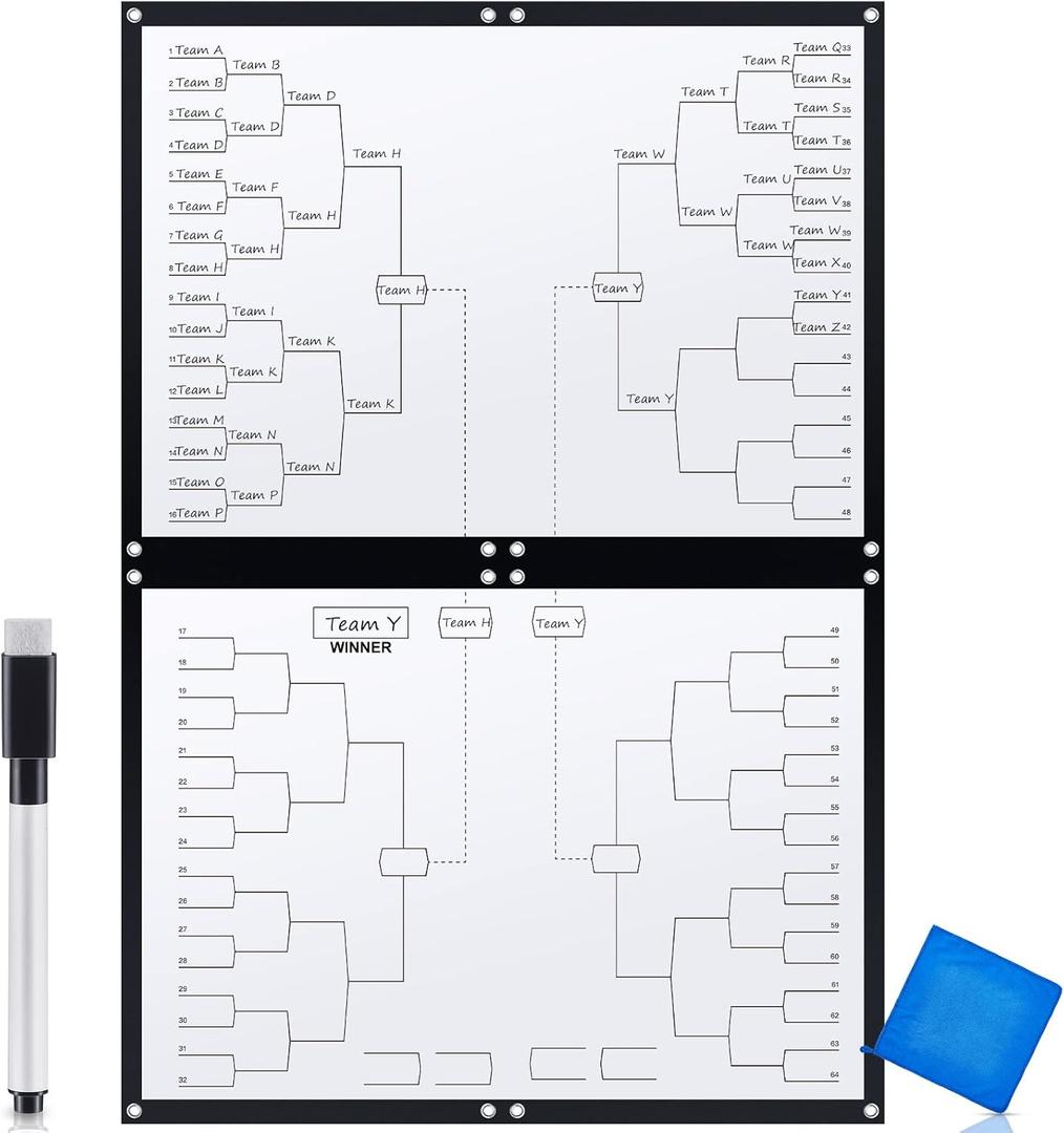 Yexiya 64 Player Tournament Bracket Dry Erase Board 48 x 32 Inch Basketball Posters 64 Team Sports Playoff Bracket with Black Marker Cleaning Cloth for School Classroom Game Party Favors