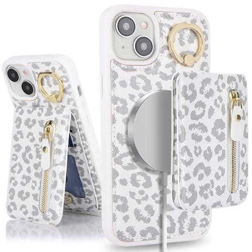 DEYHU for iPhone 13 Mini Phone case with Card Holder with Compatible magsafe Magnetic, Key Chain PU Leather Flip Kickstand Detachable 2-in-1 Wallet case for Apple13Mini Women Men-White Leopard