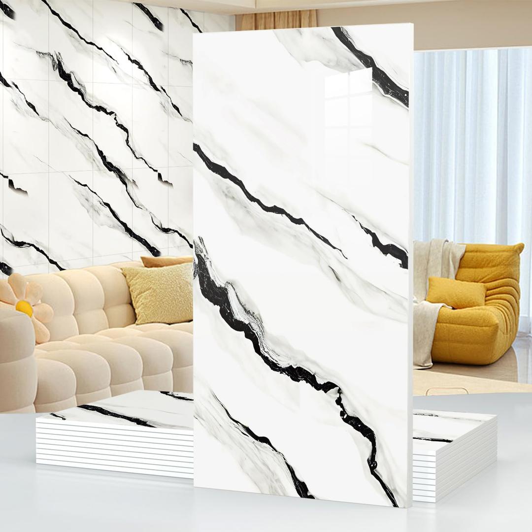 10pcsMarble Peel and Stick Waterproof Wall Panels,Backsplash Tile-23.6"x11.8"PVC Foam Wall Sticker for Kitchen,Living Rooms,Bedrooms TV Walls,Black and White,SlightlyYellowish(Not Real Tile 19.4Sq.Ft)