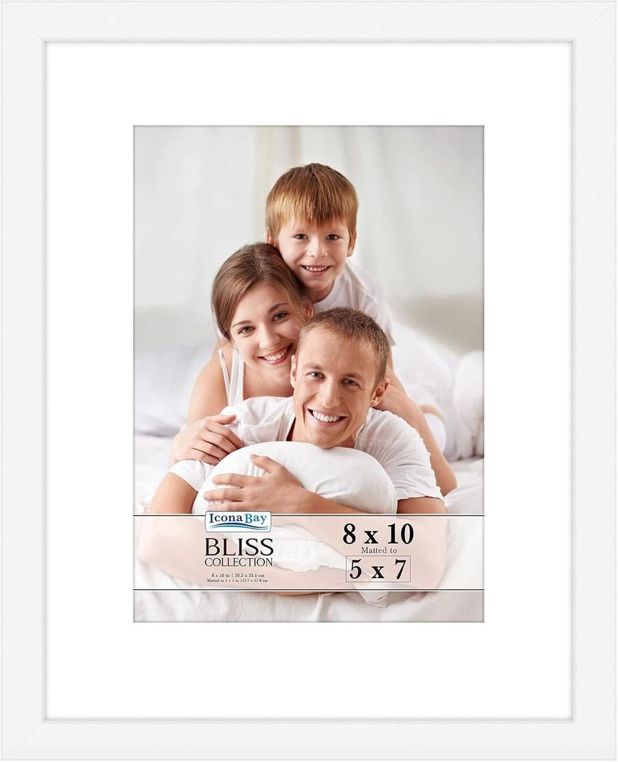 Icona Bay - 8x10 White Picture Frame with Removable Mat for 5x7 Photo - Modern Style Engineered Wood Frame - Table Top or Wall Mount - Bliss Collection