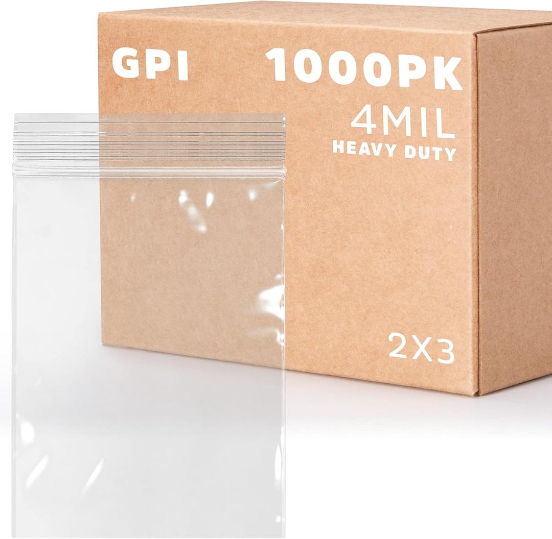 CLEAR PLASTIC REUSABLE ZIP BAGS - Bulk GPI Case of 1000, 2" x 3" 4mil Thick Heavy Duty, Strong & Durable Poly Baggies with Resealable Zip Top Lock For Travel, Storage, Packaging & Shipping.