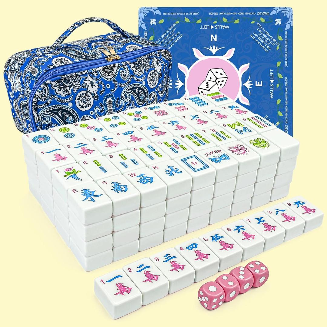American Mahjong Tile Set, 166 White Tiles (1.2), Mahjong Tile Set with Carrying Bag, Dice, Mat, Cute Mini Tiles, Portable Travel Complete Game Set for Home Outdoor, Gift for Enthusiasts