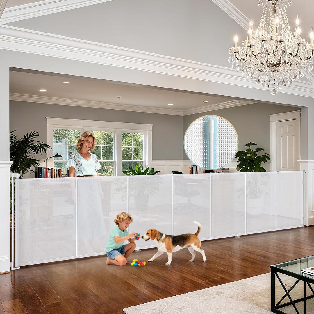 200'' Retractable Baby Gates Extra Wide, 42'' Extra Tall Retractable Dog Gate, 16 FT White Indoor/Outdoor Retractable Gate with Reinforcement Rods for Garage, Doorways, Stairs, Decks, Driveway, Patio,White, 42" Tall x 200" Wide