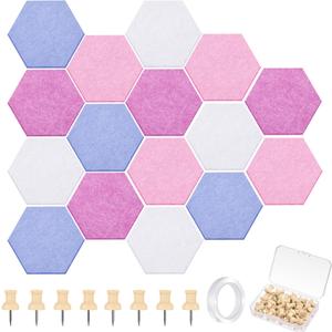 Mindsoft 16 Pcs Hexagon Cork Board for Walls with 50 Wooden Push Pins 6.7 x 5.9 in Felt DIY Tiles Notice with Nano Tape Hanging Bulletin Board for Home Photo Office Memo Note (Pink)