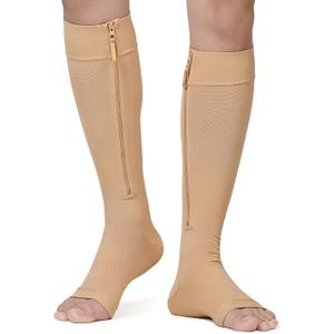 NURCOM Zipper Copper Compression Socks Open Toe Beige 20-30 mmHg Knee High Stockings, Designed for Circulation, Varicose Veins, Swelling, Venous Insufficiency, Post-Operative Recovery, 2X-Large