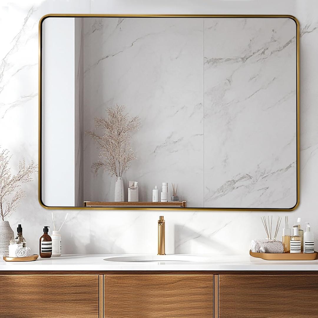 ANDY STAR 48x36 Inch Gold Bathroom Mirror, Brushed Gold Mirrors for Wall in Anti-Rust SUS304 Tube Metal Frame, Rounded Rectangle Mirrors 1 Deep Wall Mounted Vertically/Horizontal for Bathroom (Brass)