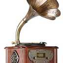LuguLake Record Player Retro Turntable All in One Vintage Phonograph Nostalgic Gramophone for LP with Copper Horn, Built-in Speaker 3.5mm Aux-in/USB