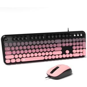 FOPETT 8870P Wired Keyboard and Mouse Combo - Full-Sized Computer Keyboards with 104 Round Keys Retro Typewriter Mouse and Keyboard for PC Windows Desktop Laptop - Pink Colorful