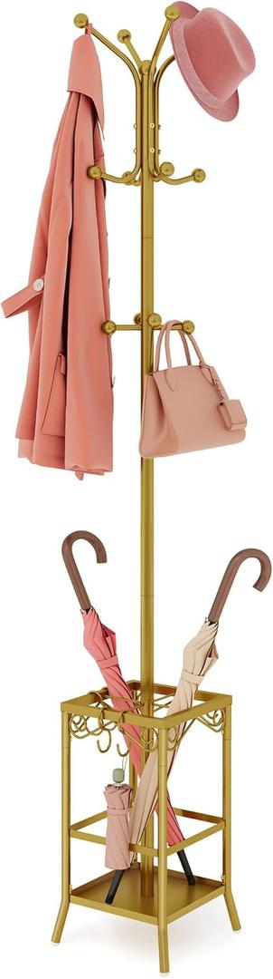 Hoctieon Coat Rack Freestanding, Coat Hanger Stand,Umbrella Holder, Hall Tree With 12 Hooks, Standing Coat Rack,Floor Standing Metal Umbrella Tree Stand, Gold