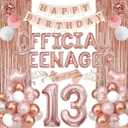 13th Birthday Party Decorations for Girls, Rose Gold Official Teenager Foil Balloons 13th Birthday Banner Fringe Curtain Crown Sash Paper Pompoms Cake Topper for 13 Year Old Girls Party Favor Supplies