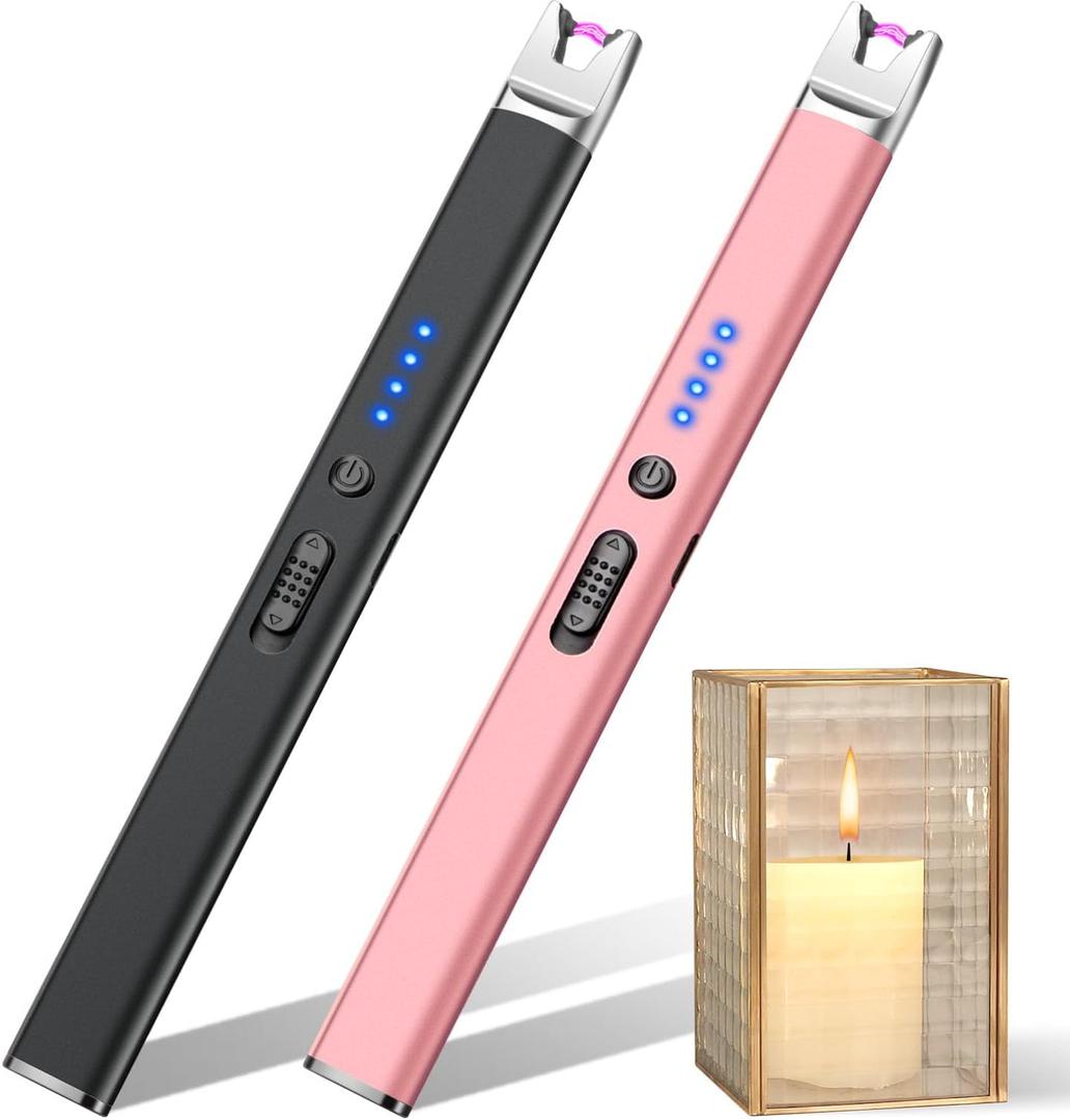 LcFun 2 Pack Candle Lighter Electric USB Rechargeable Plasma Arc Lighter with Safety Lock, Windproof Flameless Long Lighters for Candle, Grill, BBQ, Camping, Gas Stoves (Black, Rose Gold)