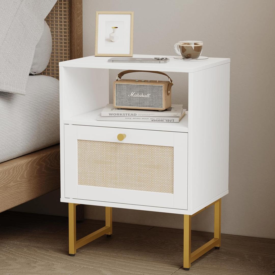 JOONEE Rattan Nightstand,Farmhouse Bedside Table with Storage Drawer and Open Shelf,Modern Boho Small Gold Frame Side End Table for Bedroom,Living Room,Office(White)