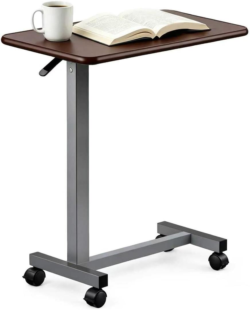 Adjustable Overbed Table with Wheels, Pneumatic Height Lift Rolling Bedside Table, Standing Desk for Home & Office Use, Ideal for Seniors & Limited Mobility(Walnut Brown)