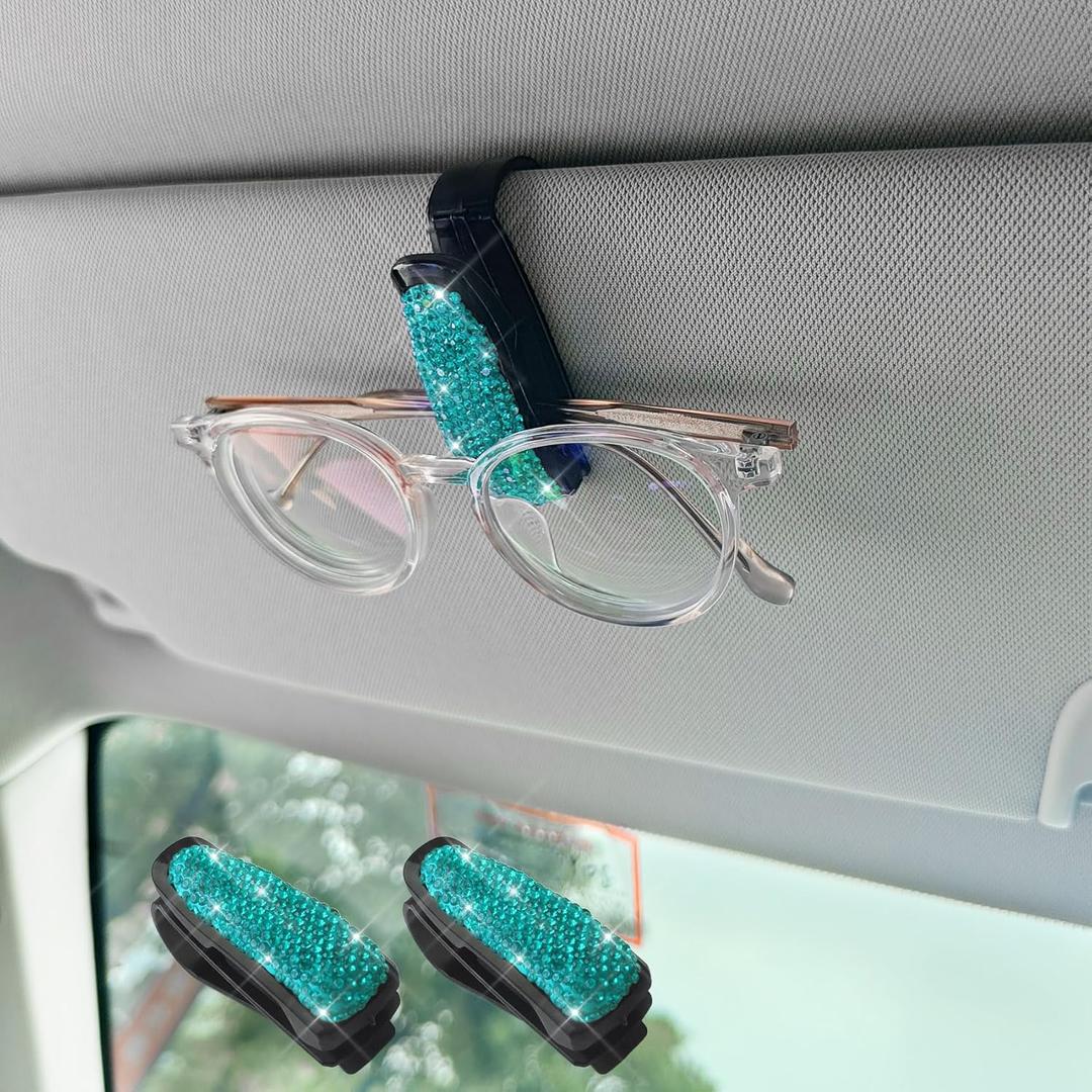 2PCS Glasses Holders for Car Sun Visor, Fashion Bling Crystal Rhinestones Car Eyeglasses Sunglasses Hanger Mount with Ticket Card Clip, Universal Vehicle Visor Accessories for Women Men (Lake Blue)