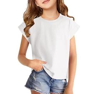 Girls Cap Sleeve T-Shirts Kids Summer Tunic Tops Cute Crewneck Tees Blouses for 5-14 Years White, Size 160