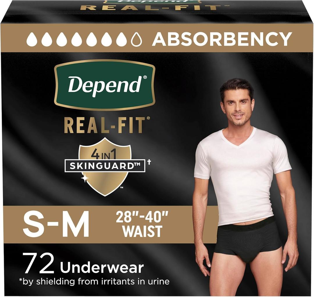Depend Real Fit Adult Diapers, Incontinence Underwear for Men, Disposable, Maximum Absorbency, Small/Medium, Black, 72 Count, Packaging May Vary