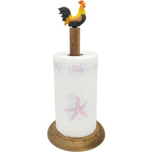 Rooster Design Rustic Brown Wood Paper Towel Holder Stand Up Paper Towel Holder, Easy One-Handed Tear Kitchen Paper Towel Dispenser with Weighted Base for Standard Paper Towel Rolls (Multicolor)