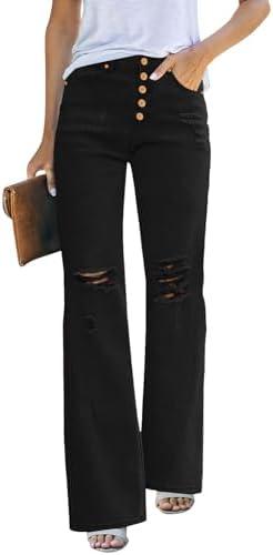 LookbookStore High Waisted Ripped Flare Jeans for Women Distressed Bell Bottom Jeans Wide Leg Pants Size XL