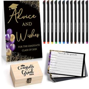 114 Pcs Graduation Party Favors 101 Advice Cards for The Graduate Advice Wishes with Wood Box and 12 Colors Pens Graduation Games Decoration for High School College Celebration Gift(Purple)