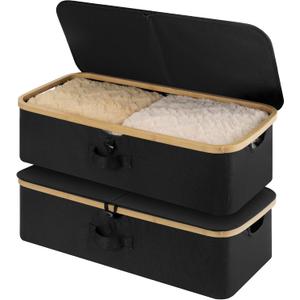 StorageWorks Underbed Storage Containers with Lids, 2-Pack 7" Low Profile Under Bed Storage Box with Bamboo Frame for Clothes, Bedding, Blankets and Shoes, 42L Sturdy Fabric Organizer, Black