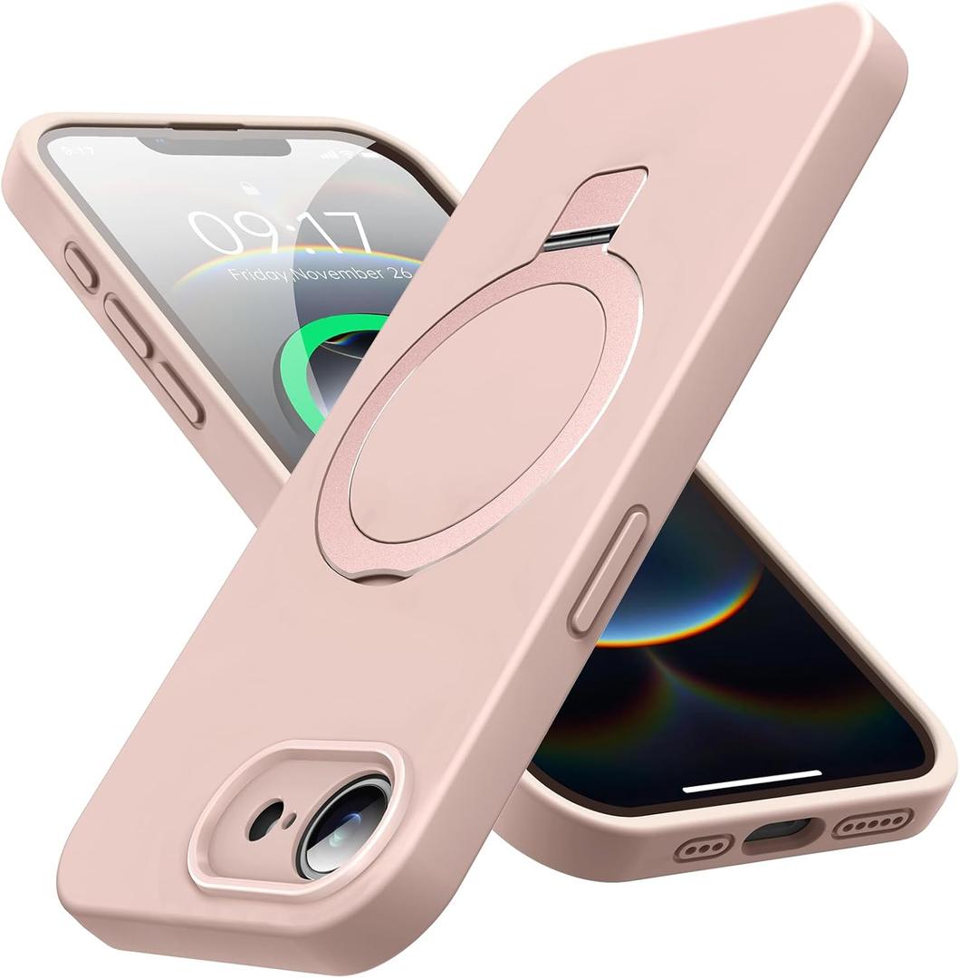 Mag-Ring Designed for iPhone 16E Case, Liquid Silicone [Moisturizing Factor] Extreme Soft Slim Phone Case with Stand [Compatible with MagSafe] for 16E 6.1 inch Men Women Pink