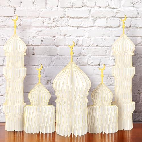 MotiMind 5 PCS Ramadan Party Decorations Ramadan 3D Honeycomb Centerpiece Eid Mubarak Centerpieces Islamic Table Decoration for Home Office Party Supplies(White)