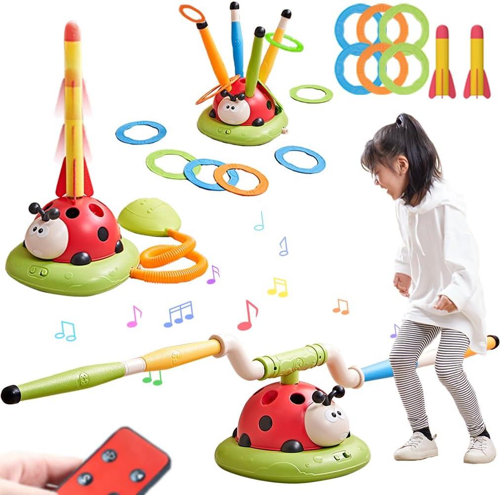 3 in 1 Musical Jump, Toss Ring Game and Stomping Launch Rocket Launcher for Kids Outdoor Toys with Remote Control, Indoor Outside Toy for Kids Ages 4-8 Toys for Ages 5-7 8-13 Birthday Gifts