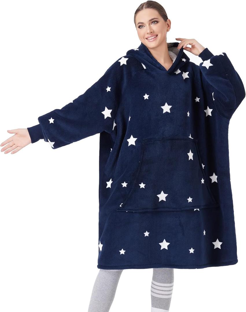 CozyLeep Wearable Blanket Hoodie Women Men, Warm Sherpa Oversized Hooded Blanket Sweatshirt Gifts for Adluts Mom Girlfriend (Star)