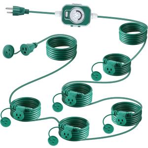 Feekoon Outdoor Extension Cord with Outlet Timer, Evenly Spaced 6 Outlets Plugs, Christmas Waterproof Green Extension Cord with Multiple sockets for Outside Holiday Xmas Lights(30 Ft)