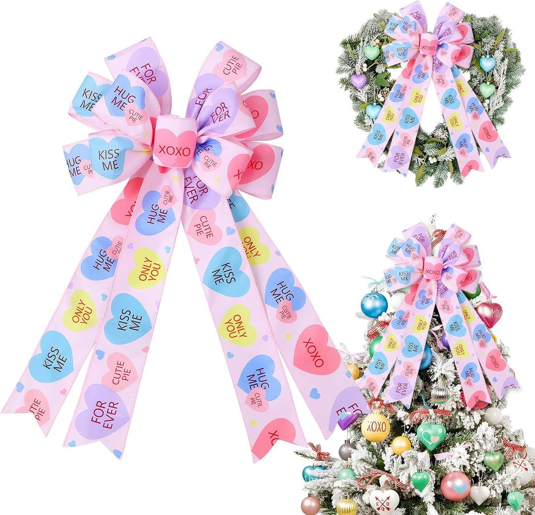 Liliful Valentine's Day Tree Topper Bows Pink Candy Heart Wreath Bow Decoration Gift Conversation Heart Topper Bows for Front Door Holiday Wreath Wedding Party Wall Home Outdoor Decor