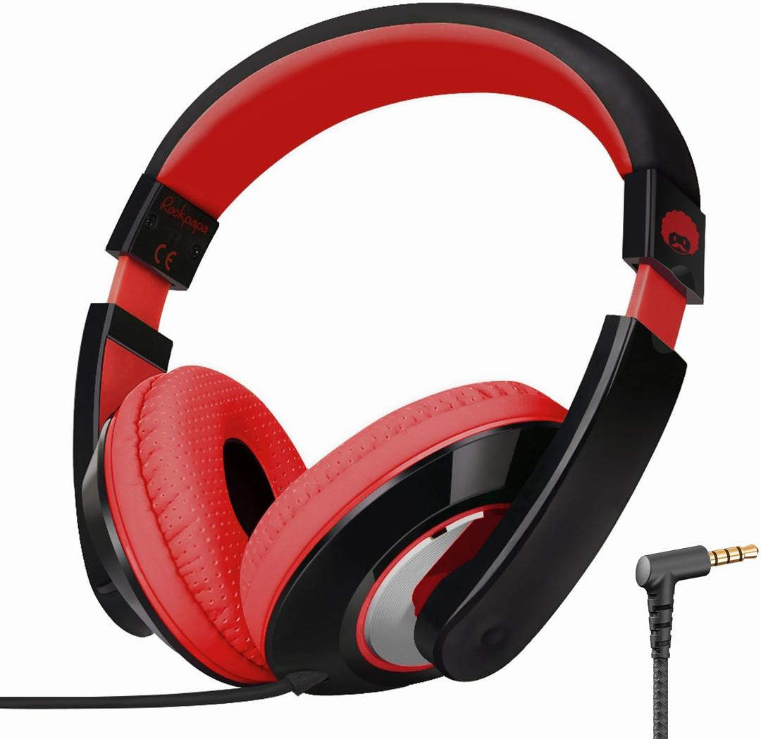 rockpapa Comfort Kids Headphones for School, Lightweight Childrens Boys Girls Teens Over-Ear Headphones Wired 3.5mm for CD DVD Player Tablet Phone Travel Black/Red