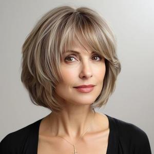 Women Light Brown Wig Short Bob Wig with Bangs Synthetic Modern Cosplay Hair Wig