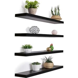 24 Inch Black Wood Floating Shelves for Wall Rustic Wall Shelf for Bedroom Living Room Set of 4, 24Incn