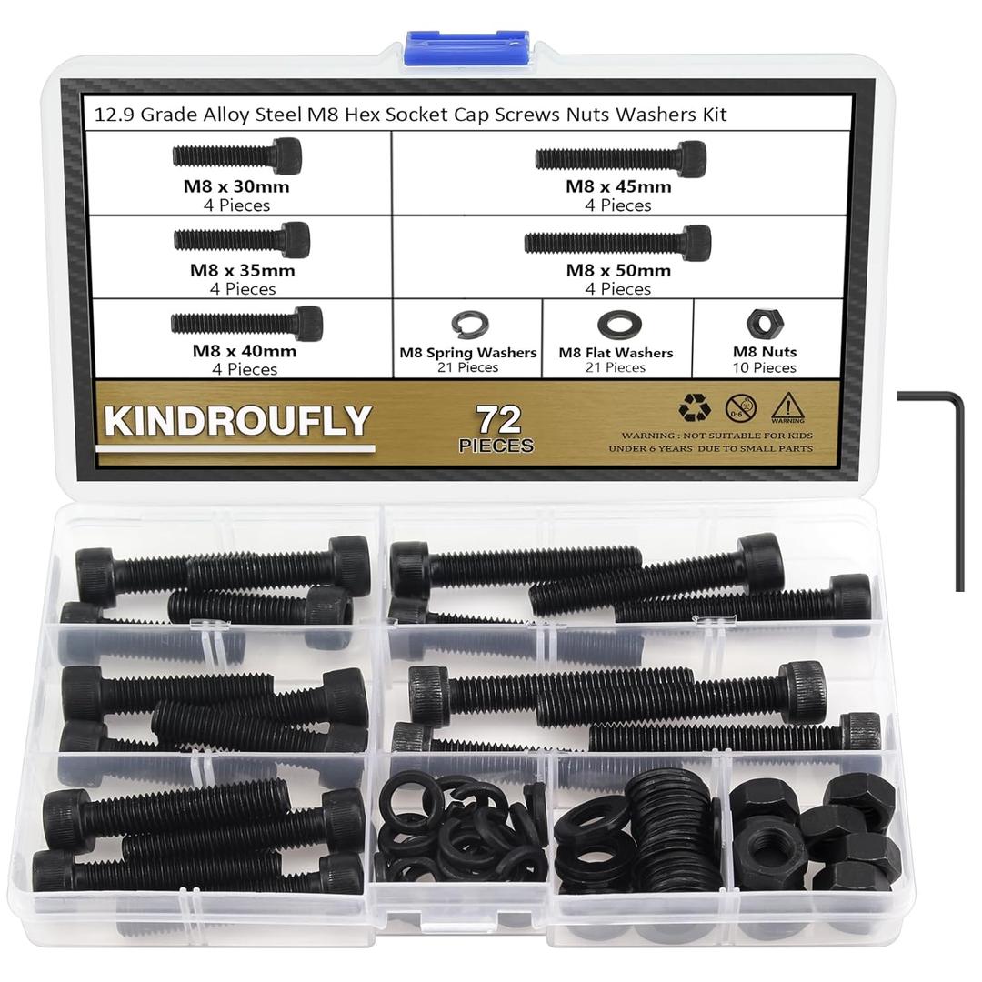 72 Pieces Black M8 x 30/35 /40/45 /50 mm Hex Socket Head Cap Screws Nuts Washers Assortment Kit, 12.9 Grade Alloy Steel