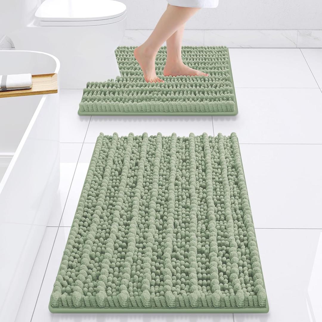 Smiry Bathroom Rugs Sets 2 Piece, Soft Absorbent, Non Slip Rubber Backing Machine Washable Quick Dry Bath Rug and U-Shaped Toilet Rug for Tub, Shower and Floor (24" x 16" Plus 24" x 20", Sage Green)