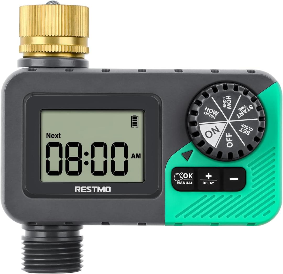 RESTMO Sprinkler Timer with Brass Inlet, Water Timer for Garden Hose, Rain Delay/Manual/Automatic for Outdoor Faucet, Drip Irrigation and Lawn Watering System (1 Zone)