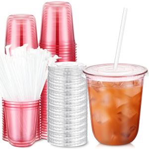 Ziliny 50 Sets Clear Plastic Cups with Lids and Straws, Disposable Iced Coffee Cups Drinking PET for Cold Drinks, Juice, Smoothie, Coffee Shops, Party, Christmas (14 oz,Pink)